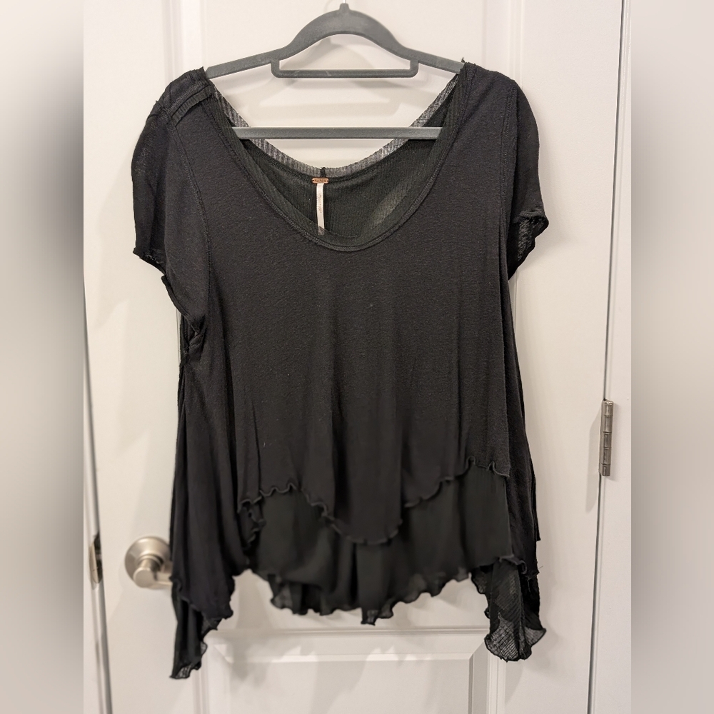 Free People Black Asymmetrical Ruffled Short Sleeve Top